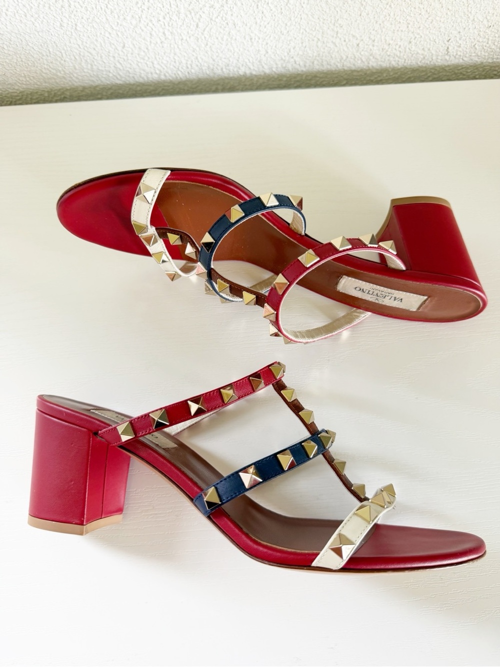 Valentino Garavani Rockstud Red White Blue Leather Sandals Block Heels EU 39 - Picture 4 of 12
